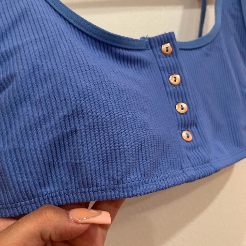 Frankies bikinis ribbed Henley button blue bikini top